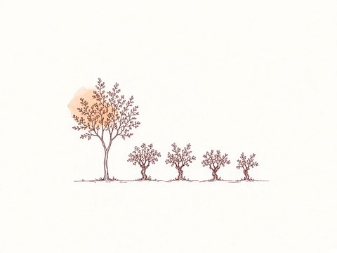Croquis à l’encre d’un arbre parmi un rang de ceps