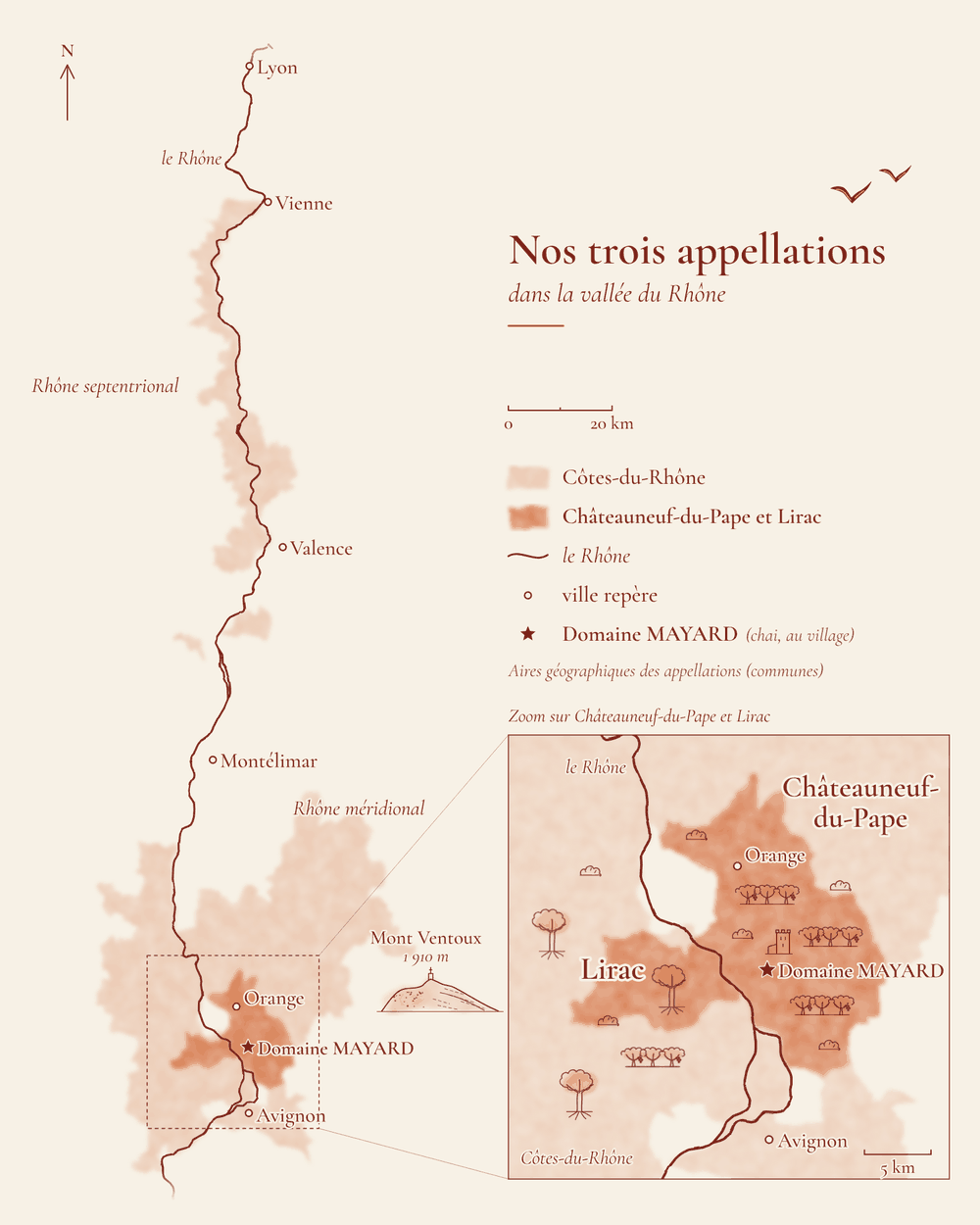 Carte de la vallée du Rhône, de Lyon à Avignon. Le Rhône est tracé en rouge&nbsp;; l’aire des Côtes-du-Rhône s’étend en lavis orange clair de Vienne au sud d’Avignon, et le mont Ventoux (1&nbsp;910&nbsp;m), surmonté de sa tour, est dessiné à l’est. Un zoom montre, en orange plus soutenu, l’aire de Châteauneuf-du-Pape sur la rive gauche, entre Orange et Avignon, et celle de Lirac sur la rive droite, dans le Gard. Une étoile et une tour de château situent notre chai au village de Châteauneuf-du-Pape.