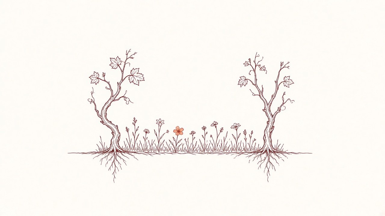 Croquis à l’encre d’un couvert végétal fleuri entre deux ceps, racines visibles sous le sol