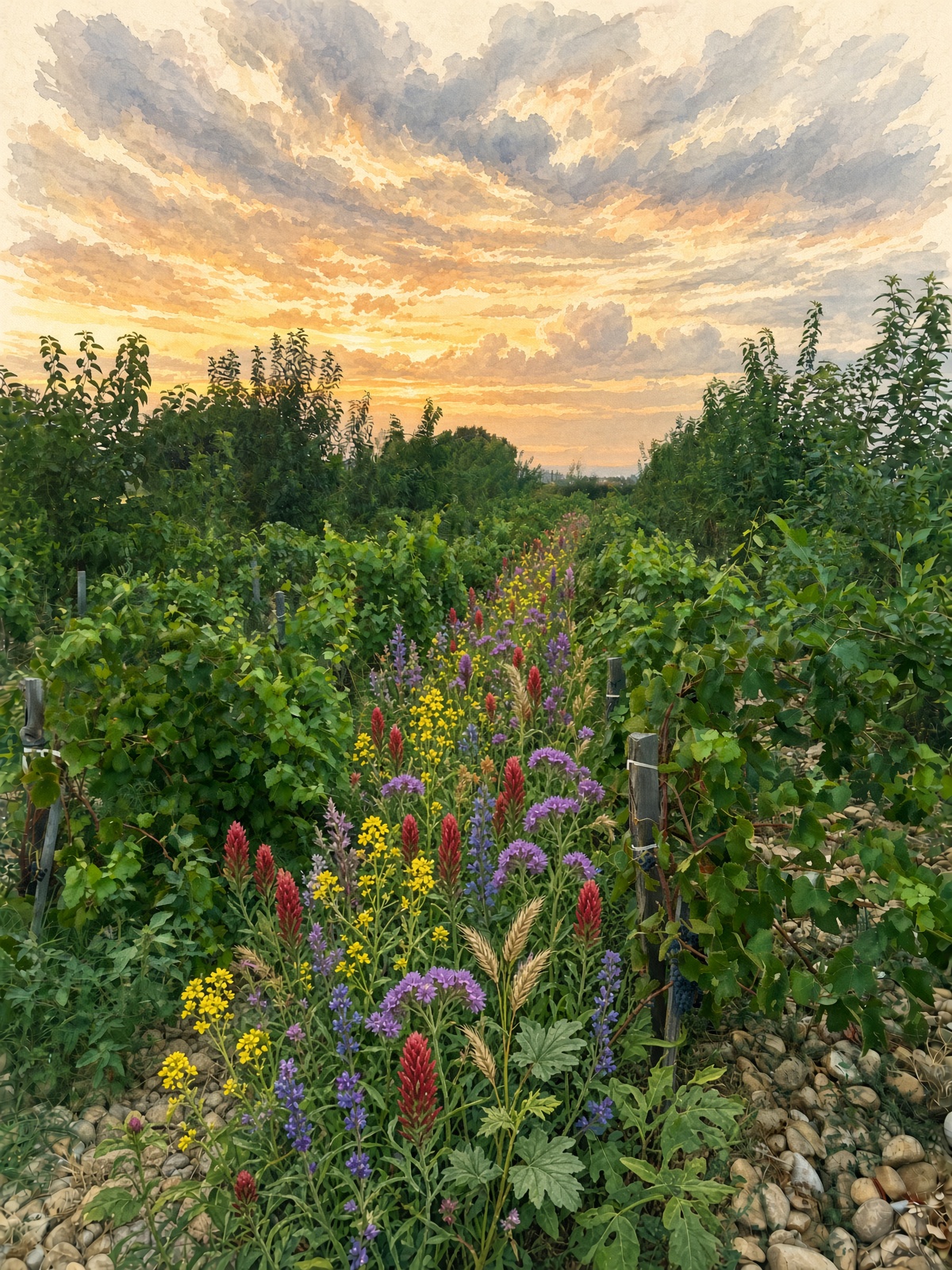 Croquis aquarelle&nbsp;: vigne en agroforesterie avec couvert végétal dans l’allée