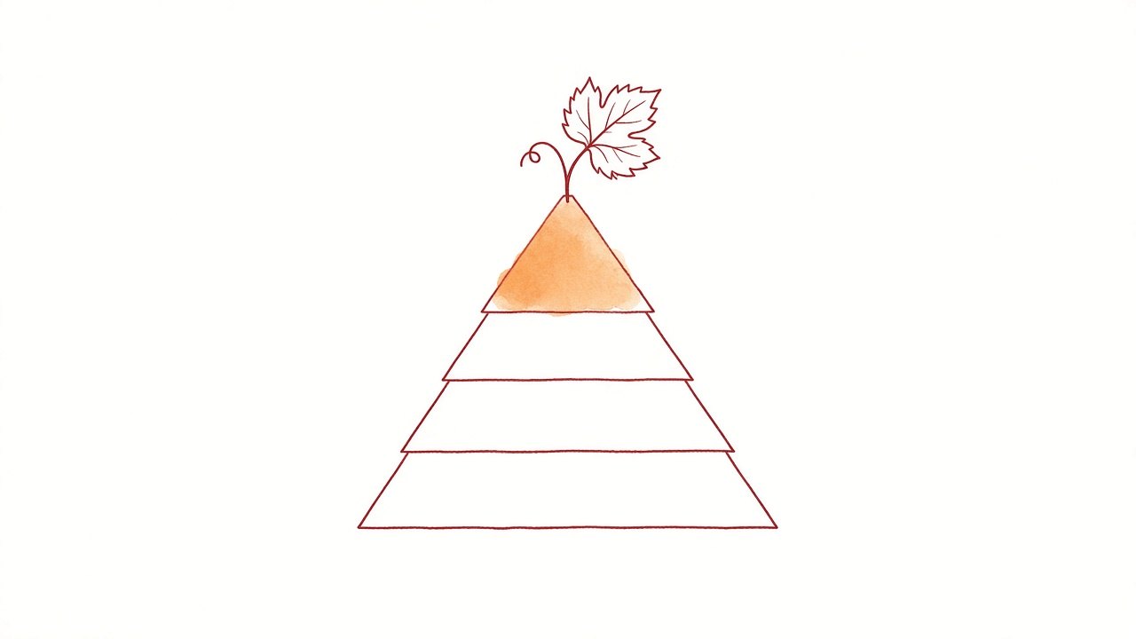 Croquis à l’encre d’une pyramide à quatre étages surmontée d’une feuille de vigne