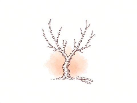 Croquis à l’encre d’un cep taillé en hiver, avec un sécateur